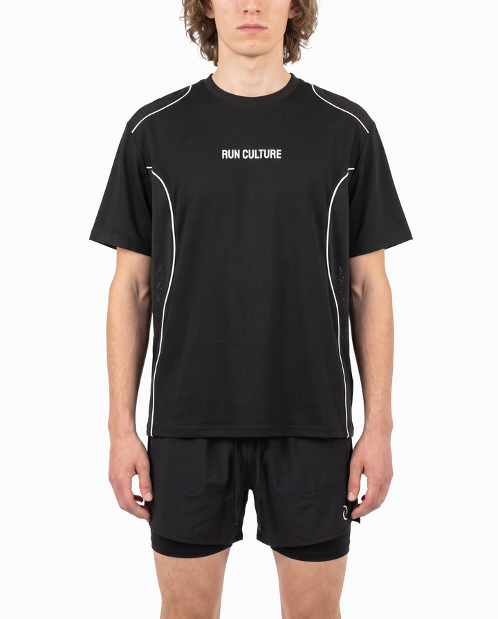 Piped Mesh T-Shirt in Black